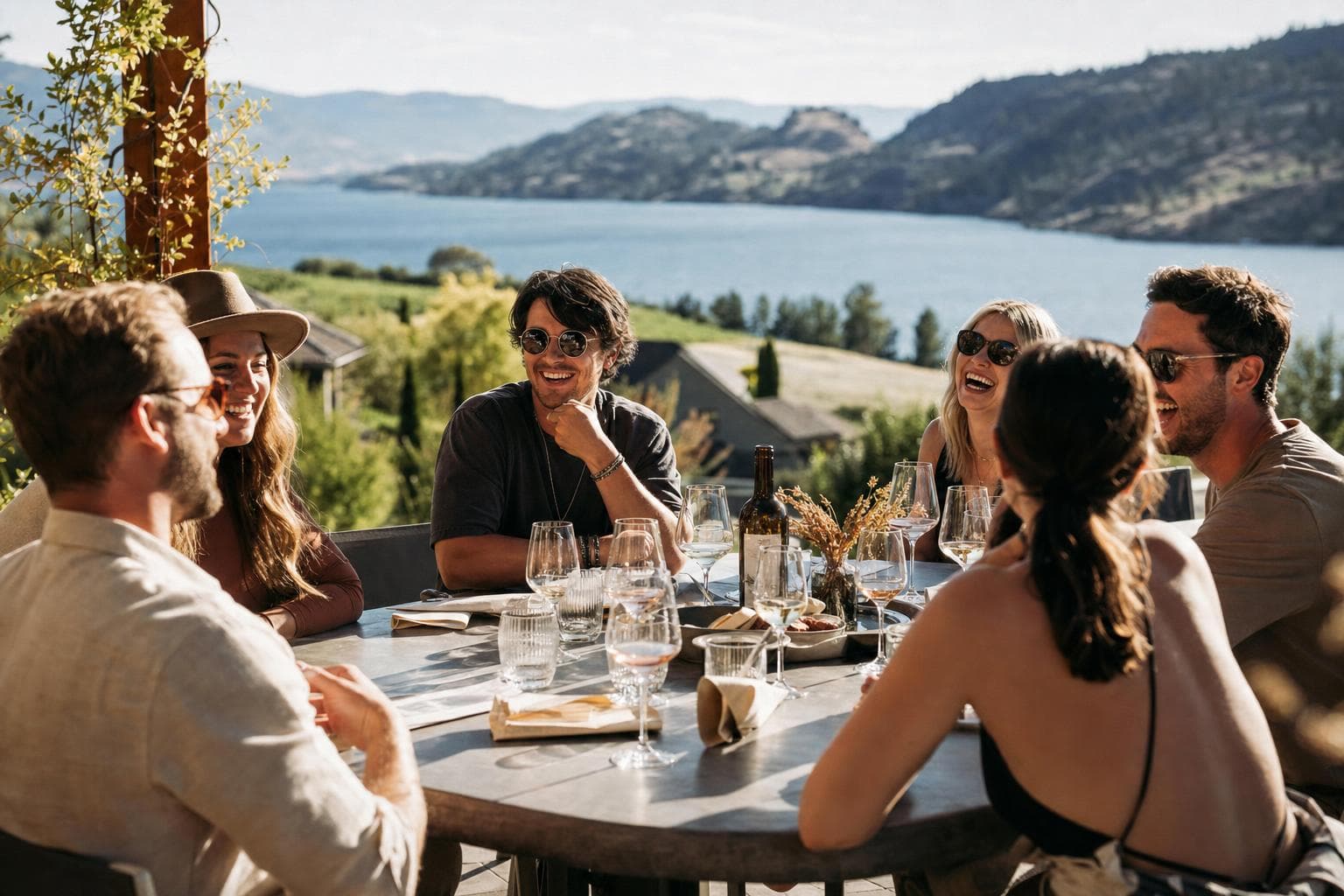 A group on a winery terrace above the lake